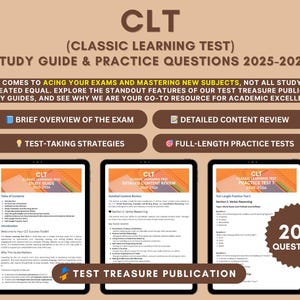 May include: Image of a study guide for the Classic Learning Test (CLT) 2025-2026. The image features three tablets displaying study guide content, with the text "CLT" and "Test Treasure Publication". The image also includes the text "200 Questions".