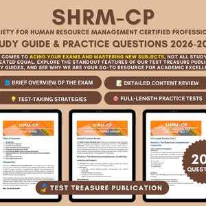 Puede incluir: Una guía de estudio y preguntas de práctica SHRM-CP para 2026-2027. La portada presenta texto sobre preparación de exámenes, cuatro botones etiquetados y tres pantallas de tableta con contenido de la guía. Una insignia indica 200 preguntas.