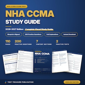 Peut inclure: Un guide d'étude NHA CCMA pour l'édition 2026-2027, comprenant 110 pages, 200 questions d'entraînement, 7 sections de contenu et 2 tests pratiques. La couverture bleue affiche le titre en jaune, avec des pages intérieures montrant le contenu.