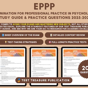 May include: An advertisement for the EPPP (Examination for Professional Practice in Psychology) Study Guide & Practice Questions 2025-2026. The image features three tablets displaying study guide content, with text highlighting key features and the publisher's name.