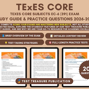 May include: TExES Core Subjects EC-6 (391) Exam Study Guide & Practice Questions 2026-2027. The educational resource features a brief overview, content review, test-taking strategies, and full-length practice tests with 200 questions total.