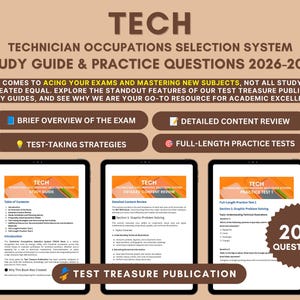 Może przedstawiać: Podręcznik zatytułowany TECH Technician Occupations Selection System Study Guide & Practice Questions 2026-2027. Zawiera sekcje dotyczące przeglądu egzaminów, treści, strategii i testów praktycznych, w tym 200 pytań od Test Treasure Publication.