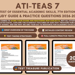 Pode incluir: Guia de estudo e questões práticas ATI-TEAS 7 Test of Essential Academic Skills, 7th Edition 2026-2027. O texto inclui recursos como visão geral do exame, revisão de conteúdo, estratégias e testes. Três tablets exibem as páginas.