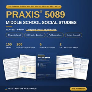Può includere: Una guida allo studio digitale per l'esame Praxis 5089 Middle School Social Studies, edizione 2026-2027. La copertina blu presenta testo giallo, 150 pagine, 200 domande di pratica, 6 sezioni di ripasso e 2 test completi, mostrati con pagine di esempio.