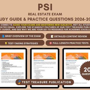 Può includere: Una guida allo studio e domande di pratica per l'esame immobiliare PSI 2026-2027. La copertina presenta testo sulla preparazione agli esami, quattro pulsanti con funzioni evidenziate e tre tablet che mostrano il contenuto del test.