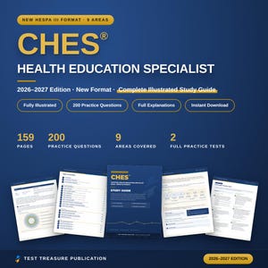 Puede incluir: Una guía de estudio CHES Health Education Specialist 2026-2027 con portada azul y texto dorado. La guía incluye 159 páginas, 200 preguntas de práctica, 9 áreas cubiertas y 2 exámenes completos. La imagen muestra la portada y cuatro páginas.
