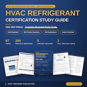 Puede incluir: Una guía de estudio azul para la certificación de refrigerantes HVAC para el examen EPA Sección 608, edición 2026-2027. La portada y las páginas interiores muestran texto, diagramas y puntos que detallan 87 páginas, 200 preguntas y 5 secciones.