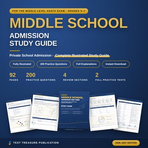 Könnte beinhalten: Ein Middle School Admission Study Guide für die SSAT-Prüfung, Klassen 5-7, Ausgabe 2026-2027. Das blaue Cover zeigt gelben Text, 92 Seiten, 200 Übungsfragen, 4 Wiederholungsabschnitte und 2 vollständige Übungstests. Fünf Beispielseiten sind abgebildet.