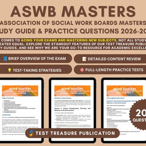 May include: ASWB Masters Association of Social Work Boards Masters Study Guide & Practice Questions 2026-2027. The guide includes a brief overview, content review, test-taking strategies, and full-length practice tests with 200 questions.