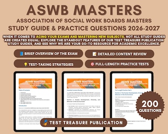 May include: ASWB Masters Association of Social Work Boards Masters Study Guide & Practice Questions 2026-2027. The guide includes a brief overview, content review, test-taking strategies, and full-length practice tests with 200 questions.