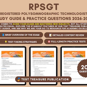 Può includere: Guida allo studio e domande di pratica 2026-2027 per il Tecnologo Polisonnografico Registrato RPSGT. Il testo include sezioni su panoramica dell'esame, revisione dei contenuti, strategie e test. Tre tablet digitali mostrano le pagine.