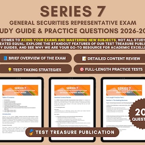 Può includere: Guida allo studio e domande di pratica per l'esame Series 7 General Securities Representative 2026-2027. Include panoramica, revisione dei contenuti, strategie e test completi. Mostra tre tablet con il contenuto della guida allo studio.