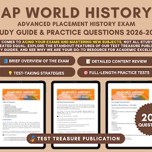Könnte beinhalten: AP World History Lernhilfe und Übungsfragen für die Prüfung 2026-2027. Der Leitfaden enthält einen Überblick über die Prüfung, eine detaillierte Inhaltsübersicht, Teststrategien und vollständige Übungstests mit insgesamt 200 Fragen.