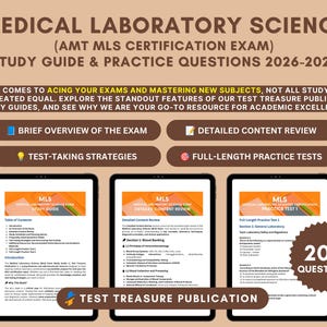 May include: A study guide for the Medical Laboratory Science AMT MLS Certification Exam 2026-2027, featuring three digital tablets displaying content pages, a table of contents, detailed content review, and practice test questions.