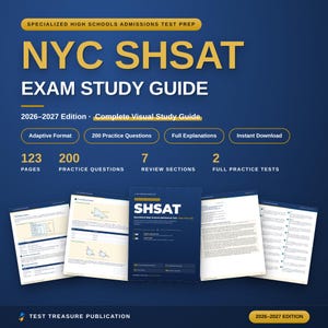以下が含まれることがあります： 2026-2027年版NYC SHSAT試験対策ガイド（全123ページ）。200問の練習問題、7つの復習セクション、2回の模擬試験を収録。紺色の表紙に金色の文字で、適応型フォーマットと即時ダウンロード可能であることが記載されています。