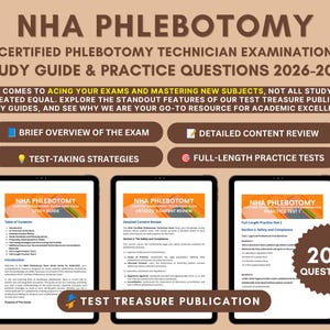 Op de afbeelding: NHA Phlebotomy Certified Phlebotomy Technician Examination studiegids & oefenvragen 2026-2027. De gids bevat een kort overzicht, gedetailleerde inhoudsbeoordeling, examentips en volledige oefentoetsen met in totaal 200 vragen.