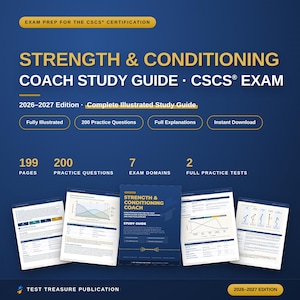 Peut inclure: Un guide d'étude pour coach en force et conditionnement physique, édition 2026-2027 pour l'examen CSCS. La couverture bleue présente du texte jaune, 199 pages, 200 questions d'entraînement, 7 domaines d'examen et 2 tests complets illustrés.