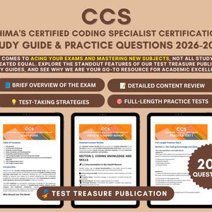Op de afbeelding: Een studiegids voor de AHIMA Certified Coding Specialist certificering 2026-2027. De tekst bevat functies zoals examenoverzicht, inhoudsbeoordeling, strategieën en oefentoetsen. Drie tabletschermen tonen de interne pagina's.