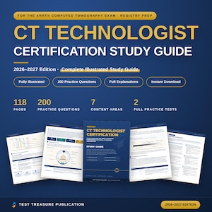 Op de afbeelding: Een 2026-2027 editie CT-technoloog certificering studiegids voor het ARRT computertomografie examen. De omslag en binnenpagina's worden getoond, met 118 pagina's, 200 oefenvragen, 7 inhoudsgebieden en 2 volledige oefentoetsen.