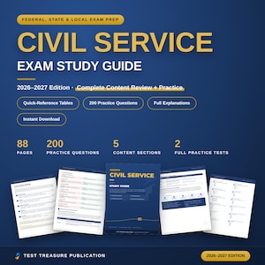 Könnte beinhalten: Ein blauer Civil Service Exam Study Guide Ausgabe 2026-2027 mit 88 Seiten, 200 Übungsfragen, 5 Inhaltsabschnitten und 2 vollständigen Übungstests. Das Cover zeigt den Text Federal, State & Local Exam Prep und Test Treasure Publication.