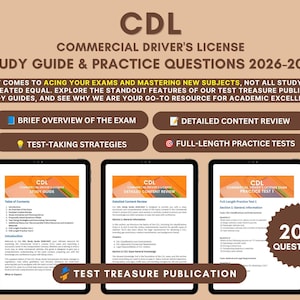 Op de afbeelding: Een CDL Commercial Driver's License studiegids en oefenvragen voor 2026-2027. De omslag bevat tekst over examenvoorbereiding, vier opsommingstekens en drie tabletschermen met studiemateriaal en 200 vragen.
