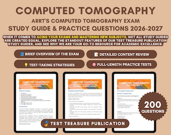 Puede incluir: Una guía de estudio y libro de preguntas de práctica para el examen de tomografía computarizada ARRT 2026-2027. La portada muestra texto marrón sobre fondo beige, con tres tabletas que muestran páginas interiores y 200 preguntas.