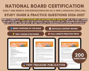 May include: A study guide for the National Board Certification Early and Middle Childhood English as a New Language exam 2026-2027. The resource includes a brief overview, content review, test-taking strategies, and 200 practice questions.