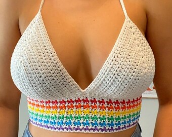 Layla Houndstooth Rainbow Crochet Crop Top - Corset Back - 100% Organic Cotton - Adjustable Rave Top - Custom Colors & Sizes Available