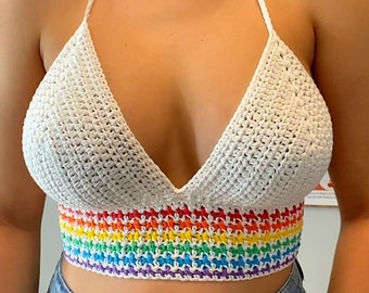 Layla Houndstooth Rainbow Crochet Crop Top - Corset Back - 100% Algodón Orgánico - Top Rave Ajustable - Colores y tamaños personalizados disponibles