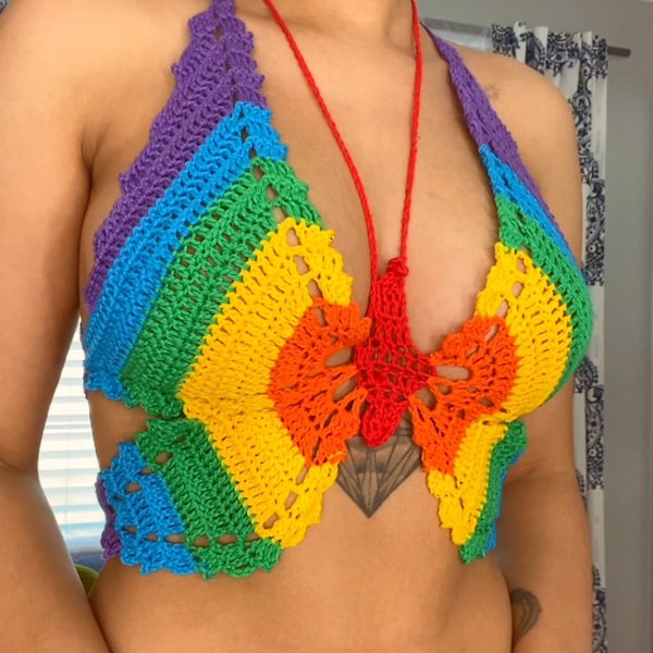 Pride Rainbow Butterfly Top - Lgbtq - Handmade Crochet - One Size Fits Most - Smaller Chest Fitting - Ready To ship in 5-7 Days!