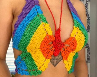 Pride Rainbow Butterfly Top - Lgbtq - Handmade Crochet - One Size Fits Most - Smaller Chest Fitting - Ready To ship in 5-7 Days!