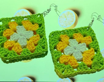 Lemon-Lime Granny Crochet Earrings With Silver Hooks - Sterling Silver Earring Set - NEXT DAY SHIPPING - Perfect For gifting