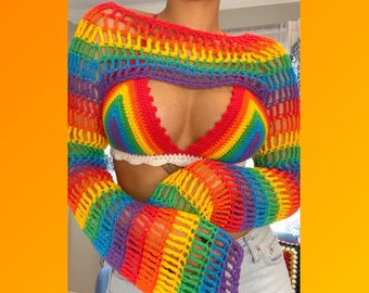 Pride Rainbow Bolero Shrug  - Handmade Crochet 100% Cotton - Perfect for Festivals & Pride - Custom Fitting Available - Made To Order