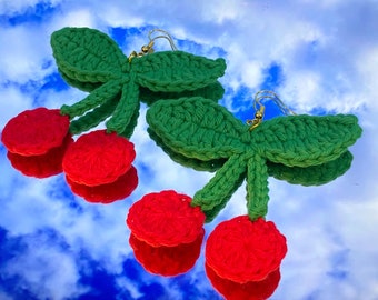 Tutti-Fruity Cherry Crochet Earrings With Gold Hooks - Handmade Sterling Silver Earring Set - NEXT DAY SHIPPING - Perfect For gifting