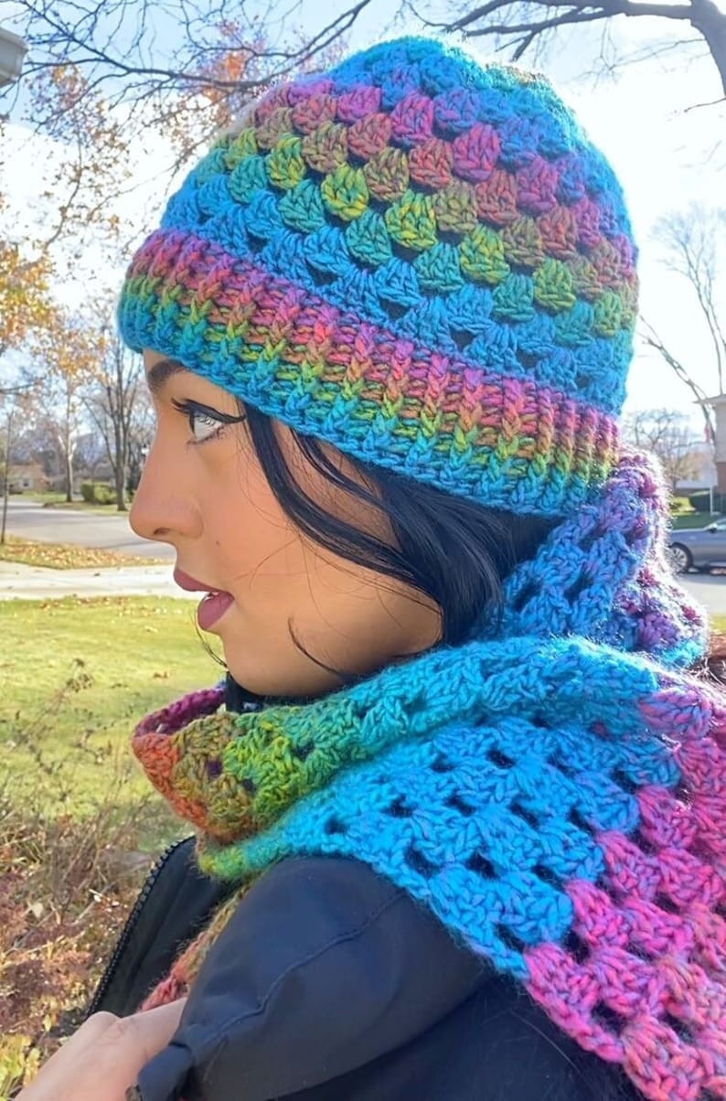 Ombre Rainbow Crochet Granny Square Scarf & Hat Set Handmade Matching Set Fall/Winter Wear Made To Order image 2