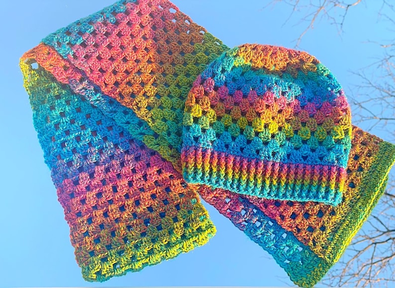 Ombre Rainbow Crochet Granny Square Scarf & Hat Set Handmade Matching Set Fall/Winter Wear Made To Order image 4