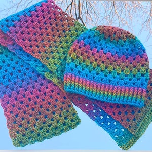 Ombre Rainbow Crochet Granny Square Scarf & Hat Set Handmade Matching Set Fall/Winter Wear Made To Order image 1