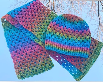 Ombre Rainbow Crochet Granny Square Scarf & Hat Set - Handmade - Matching Set - Fall/Winter Wear - Made To Order