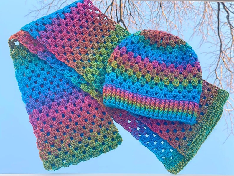 Ombre Rainbow Crochet Granny Square Scarf & Hat Set Handmade Matching Set Fall/Winter Wear Made To Order image 1