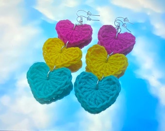 Pansexual Heart Crochet Earrings - Handmade Sterling Silver Earring Set - Next Day shipping Available - Perfect For gifting