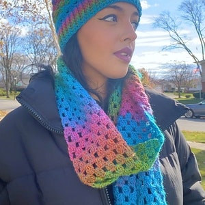 Ombre Rainbow Crochet Granny Square Scarf & Hat Set Handmade Matching Set Fall/Winter Wear Made To Order image 3