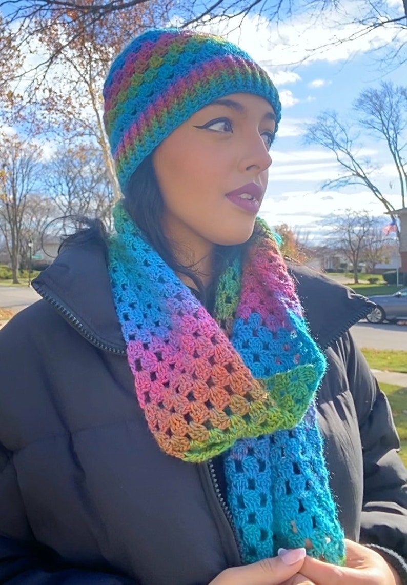 Ombre Rainbow Crochet Granny Square Scarf & Hat Set Handmade Matching Set Fall/Winter Wear Made To Order image 3