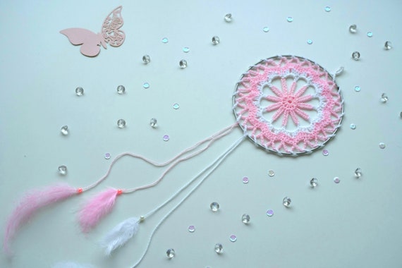 Modern Crochet Dreamcatcher Pink White Feather Dreamcatcher Mandala Hanging Wall Decor Nursery Girl Bedroom Wall Decor Gift For Her