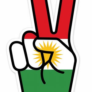 May include: A sticker depicting a hand in a peace sign gesture. The fingers are red, and the palm shows a sunburst design over a white, red, and green background, with a black outline. The sticker has a white border.