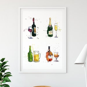 Wijn Champagne Bier Brandewijn Cognac Alcohol Print Cocktailbar Wall Decor, Bar Cart Art Restaurant Drankjes Poster Sign Afdrukbare Wall Art