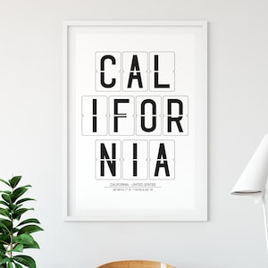 Impresión de California, decoración del hogar del letrero de California, imprimible del aeropuerto, cartel de viaje, cartel de coordenadas del mapa, código del aeropuerto, regalo del piloto