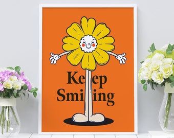 Keep Smiling Retro Quote Wall Print, Quote Digital Print Download, Retro Wall Decor Printable Wall Art