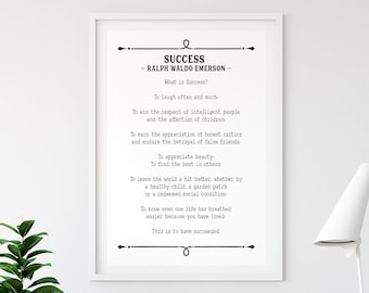Gedichtafdruk, succes Ralph Waldo Emerson, cadeau poëzieliefhebber, cadeau dichter, gedicht kunst aan de muur