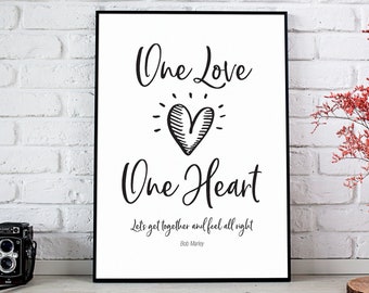 Bob Marley Lyrics, Bob Marley Poster, Bob Marley Print, One Love One Heart, Inspirational Quote, Typography Print *INSTANT DOWNLOAD*