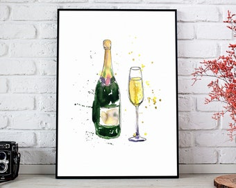 Champagne Wall Art Print Watercolour Alcohol Poster Painting Fine Art, Digital Download